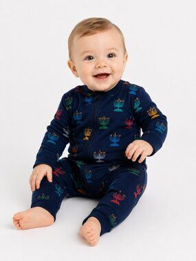HANNA Andersson Hanukkah Holiday Menorah Sleeper Blue 6-12 Mos
